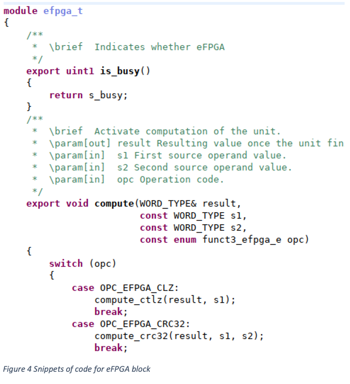 Snippets of code for eFPGA block
